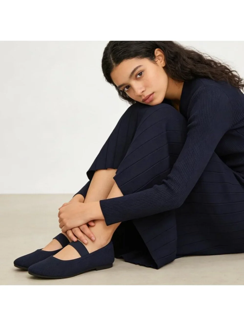 Women's Navy Knit Round Toe Ballet Flat Elastic Strap Slip On Comfortable Shoes